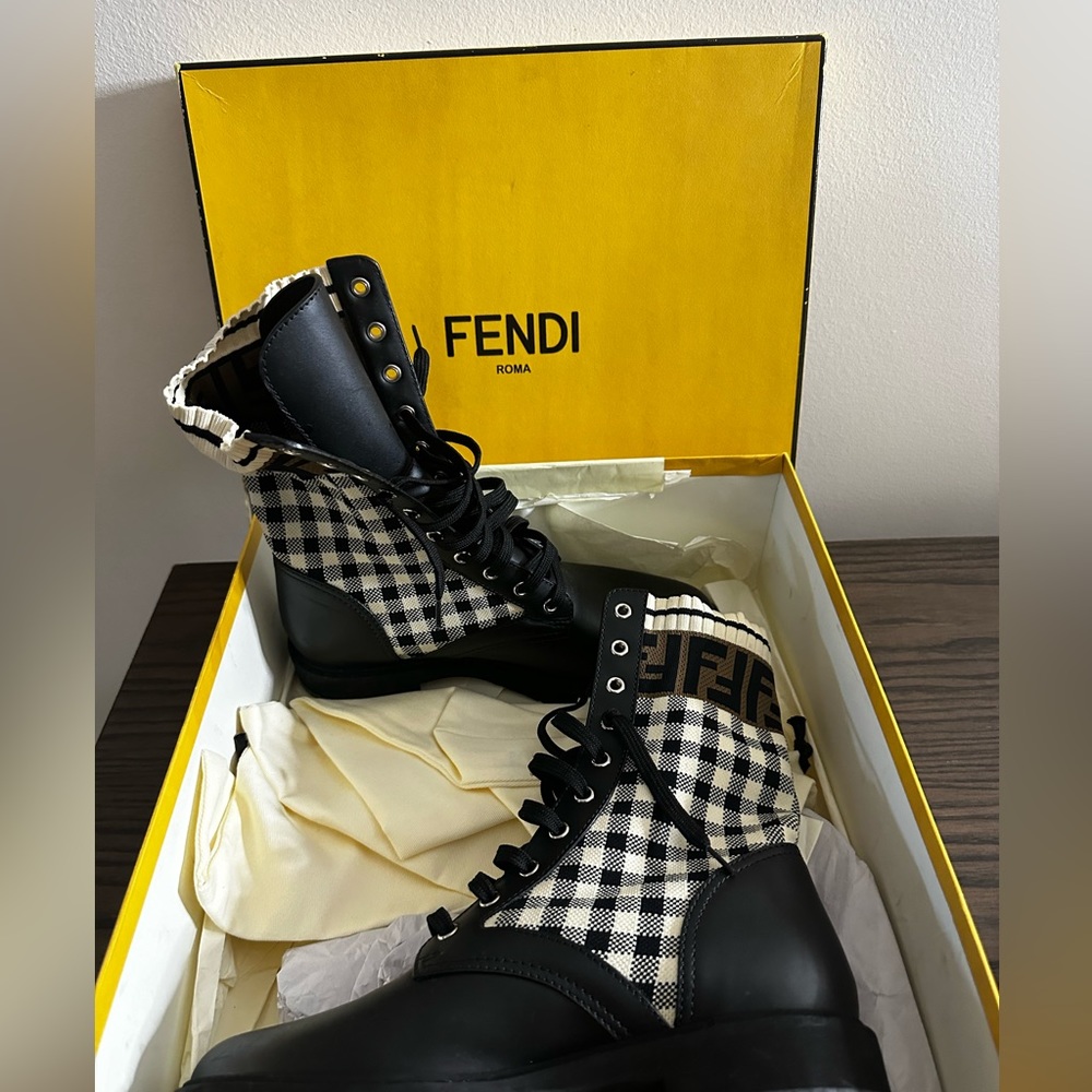 Calfskin Stretch Fabric FF Vichy Rockoko Biker Boots 39